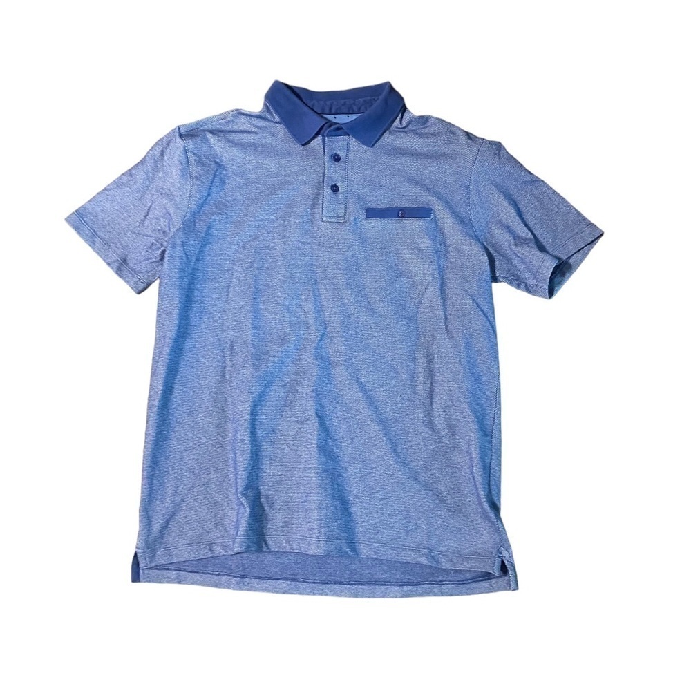 TailorByrd Men's Blue Golf Polo Shirt Size L Flamingo Logo Striped Short Sleeve